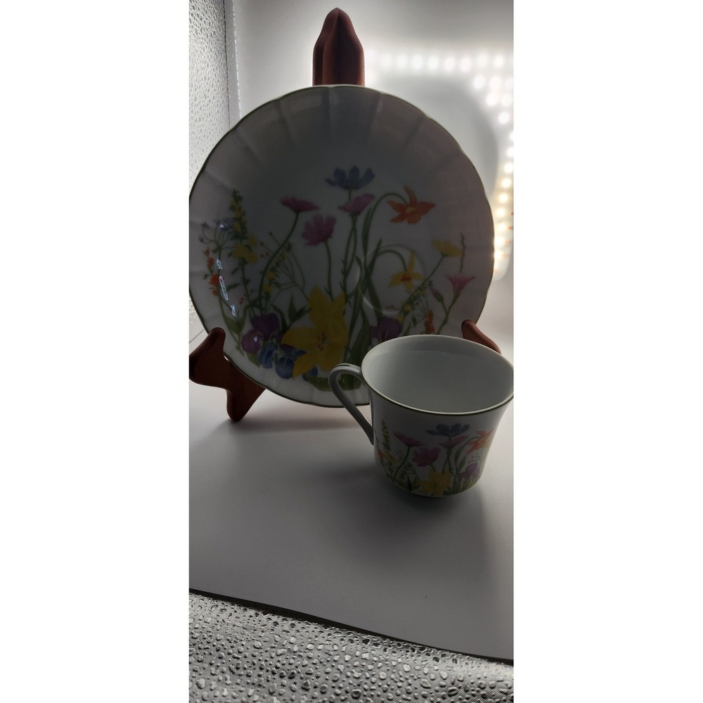 Seymour Mann Day Lily Snack Plate and Cup Set Floral Porcelain Scalloped Edge